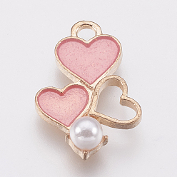 Pink Zinc Alloy Enamel Pendants, with Acrylic Beads, Heart, Golden, Pink, 19x13x5mm, Hole: 1.5mm