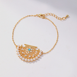 Real 18K Gold Plated Brass Micro Pave Cubic Zirconia Link Bracelets for Women, with Imitation Pearls, Real 18K Gold Plated, 6-1/2 inch(16.5cm)