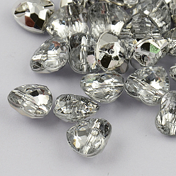 White 1-Hole Taiwan Acrylic Rhinestone Heart Buttons, Faceted & Silver Plated Pointed Back, White, 30x30x12mm, Hole: 2mm