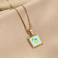 Lemon 304 Stainless Steel Enamel Fruit Stamp Pendant Necklaces for Women, Golden, Yellow, Lemon, 17.72 inch(45cm)