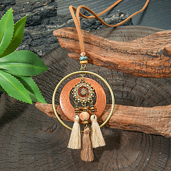 Цветок Богемный сплав и дерево подвеска кисточка искусственная кожа шнур длинные ожерелья для женщин, античная бронза, Перу, цветок, 15.75 дюйм (40 см)