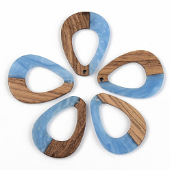 Cornflower Blue Opaque Resin & Walnut Wood Pendants, Teardrop, Cornflower Blue, 37.5x28x2.5mm, Hole: 2mm