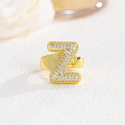 Letter Z Латунные кольца из манжеты с прозрачным цирконием, буквы, реальный 18 k позолоченный, Письмо Z, внутренний диаметр: регулируемый