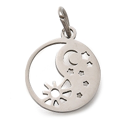 Нержавеющая Сталь Цвет 304 прелести нержавеющей стали, с целью перехода в кольце, плоский круглый с подвеской в виде луны, звезды и солнца, лазерная резка, цвет нержавеющей стали, 13.5x11.5x1 мм, отверстие : 3 мм