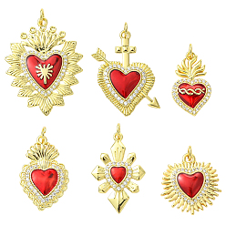Настоящее золото 18K 6 шт 6 стили латунные подвески из микропаве с фианитом, сердце, с эмалью и кольцом для прыжков, долговечный, без кадмия и без свинца, реальный 18 k позолоченный, 21~28x13.5~24.5x3~3.5 мм, отверстие : 3~3.8 мм, 1 шт / стиль