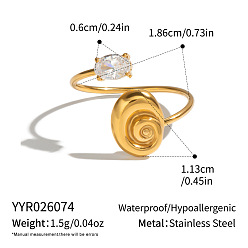 Golden Ocean 304 Stainless Steel & Cubic Zirconia Cuff Open Rings, Shell Shape, Golden, Inner Diameter: 18.6mm