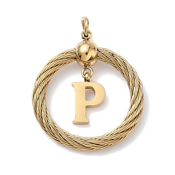 Letter P 304 подвески из нержавеющей стали, скрученный плоский круглый с буквой, ионное покрытие (ip), реальный 18 k позолоченный, с соединительными кольцами и 201 бусинами из нержавеющей стали, Письмо P, 27x23.5~24x6 мм, отверстие : 3 мм