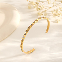 Golden 304 Stainless Steel Pave Heart Clear Cubic Zirconia Open Cuff Bangles for Women, Golden, Inner Diameter: 2.59 inch(6.58cm)