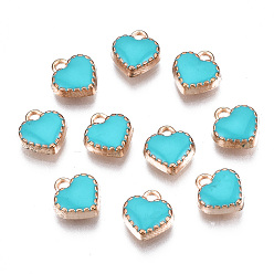 Dark Turquoise Alloy Enamel Charms, Heart, Light Gold, Dark Turquoise, 8x7.50x2.50mm, Hole: 1.5mm