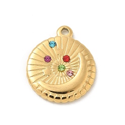 Золотой 304 из нержавеющей стали горный хрусталь подвески, плоско-круглые, золотые, 18.5x16.5x2.5 мм, отверстие : 1.5 мм