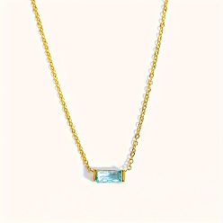 Голубой Ожерелья с прямоугольным кулоном из латуни с кубическим цирконием в стиле камня рождения для женщин, золотые, голубой, 15.75 дюйм (40 см)
