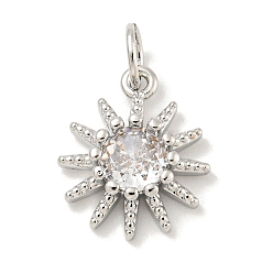 Платина Покрытие стойки латунь микропаве прозрачные подвески из кубического циркония, долговечный, с прыжковых колец, без свинца и без кадмия, солнце, платина, 14x11x4 мм, отверстие : 4 мм