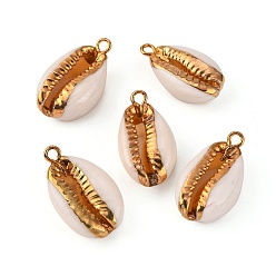 Golden Cowrie Shell Pendants, with Metal Findings, Natural Color, Golden, 17~25x10~15x5~7mm, Hole: 1.5mm