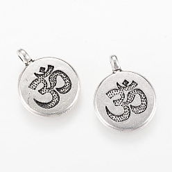 Argent Antique Pendentifs en alliage de style tibétain, plat rond avec symbole om, sans cadmium et sans plomb, argent antique, 19x15x4.5mm, Trou: 2mm, environ560 pcs / 1000 g