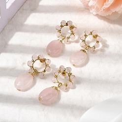 Розовый Кварц Натуральный розовый кварц, цветок с овальной, с фурнитурой латунной для серег, золотые, стойки покрытие, 40.5~41x21.5 мм