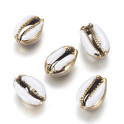 White Electroplated Cowrie Shell Beads, with Enamel, Undrilled/No Hole Beads, Golden, White, 18~22x13~15x7~8mm