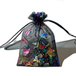 Бабочка Красочные сумки из органзы с принтом на завязках, прямоугольные мешочки для драгоценностей, свадебная вечеринка рождественские подарочные пакеты, чёрные, бабочка, 18x13 см