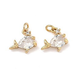 Fish Латунные микро проложить кубического циркония подвески, без свинца и без кадмия, стойки покрытие, долговечный, реальный 18 k позолоченный, рыба, 9.5x11.5x4 мм, Перейти кольцо: 4x0.8 мм, внутренний диаметр: 2.5 мм