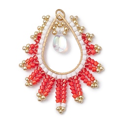 Красный Подвески-слезинки из стекла ручной работы, с соединительным кольцом и 201 соединительными кольцами из нержавеющей стали, красные, 41.5x35x4.5 мм, отверстие : 3.5 мм