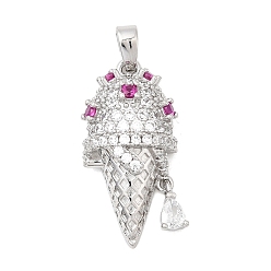 Платинированный Подвески из латунного микропаве из прозрачных и ярко-розовых кубических цирконий, мороженое прелести, Реальная платина, 24x12x6.5 мм, отверстие : 4x2.5 мм