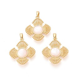 Настоящее золото 18K Натуральный белый оболочки подвески, цветочные подвески с латунной оправой, реальный 18 k позолоченный, 25x23x3.5 мм, отверстие : 5x2.5 мм