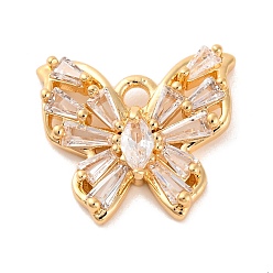 Настоящее золото 18K Латунные микропаве прозрачные подвески с фианитом, без никеля , бабочка, реальный 18 k позолоченный, 14x15.5x4 мм, отверстие : 1.8 мм