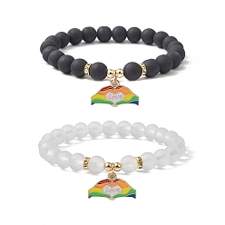 Сердце 2 шт. 2 набор эластичных браслетов из синтетического гематита и стекла с круглыми бусинами, Подвески из сплава эмали с радужным флагом гордости, штабелируемые браслеты, сердце, внутренний диаметр: 2-1/4~2-3/8 дюйм (5.6~5.9 см), 1 шт / стиль