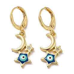 Dark Blue Golden Brass Dangle Leverback Earrings, with Enamel and Cubic Zirconia, Moon & Star with Evil Eye, Dark Blue, 32x11mm