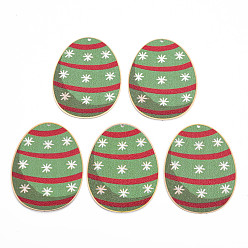 Medium Sea Green Spray Painted Brass Pendants, Christmas Theme, Oval with Snowflake Pattern, Light Gold, Cadmium Free & Nickel Free & Lead Free, Medium Sea Green, 48x36x0.3mm, Hole: 1.6mm