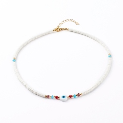 White Polymer Clay Heishi Beaded Necklaces, with Evil Eye Lampwork Beads, Brass Beads and Glass Round Beads, Golden, White, 15.9 inch(40.5cm)