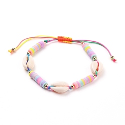 Разноцветный Регулируемый браслет из плетеных бусин из нейлонового шнура, с бисером из полимерной глины хэйси, бусины из натуральных ракушек каури и круглые бусины из латуни, золотые, красочный, внутренний диаметр: 1-7/8~3 дюйм (4.7~7.6 см)