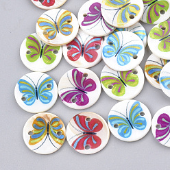 Mixed Color Printed Freshwater Shell Links connectors, Flat Round with Butterfly, Mixed Color, 18x2~2.5mm, Hole: 1.6mm