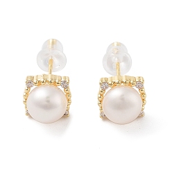 Real 14K Gold Plated Natural Pearl Stud Earrings, Brass Earrings with 925 Sterling Silver Pins, Real 14K Gold Plated, 8x8mm