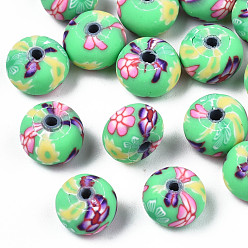 Medium Spring Green Handmade Polymer Clay Beads, Rondelle with Flower, Medium Spring Green, 9x6mm, Hole: 1.6mm