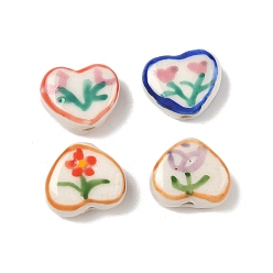 (52) Непрозрачная лаванда Фарфоровые бусины ручной работы, Сердце со цветками , разноцветные, 12~12.5x14~15x6.5~7 мм, отверстие : 1.8 мм