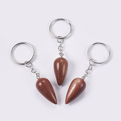 Goldstone Synthetic Goldstone Keychain, with Iron Key Rings, Platinum, teardrop, 80.5mm, Pendant: 33.5x15.5mm