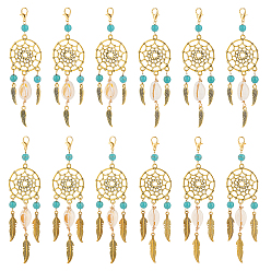 Золотой 5шт. подвесные украшения из сплава и синтетической бирюзы, Сплав с застежками когтя омара, солнцечесалка с пером, золотые, 95 мм