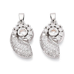 Платина Латунные микропаве прозрачные подвески с фианитом, раковины прелести, платина, 20x12x3.5 мм, отверстие : 4.5x2 мм