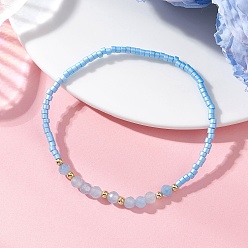 Светло-Голубой Браслеты из стеклянного бисера и натурального белого нефрита для женщин, круглые, с латунной бисера, Небесно-голубой, бусины : 2.5~4.5 мм, внутренний диаметр: 2.17 дюйм (5.5 см)