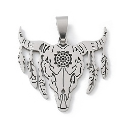 Нержавеющая Сталь Цвет 201 подвески из нержавеющей стали, голова коровы с подвеской в виде пера, лазерная резка, анти-тускнение, цвет нержавеющей стали, 33x33x1.5 мм, отверстие : 7.5x4 мм