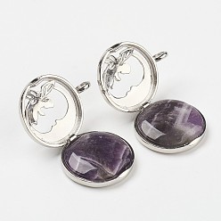 Amethyst Natural Amethyst Pendants, with Brass Diffuser Locket Findings, Flat Round with Angel, 31x26x8mm, Hole: 4mm