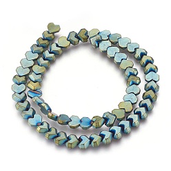 Green Plated Electroplated Non-magnetic Synthetic Hematite Beads Strands, Frosted, Heart, Green Plated, 8x7x3mm, Hole: 0.8mm, about 65pcs/strand, 15.94 inch(40.5cm)