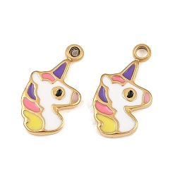 Echt 14 k vergoldet 304 Edelstahl Emaille Reize, Einhorn-Anhänger, Farbig, echt 14 k vergoldet, 13.5x7.5x1.5 mm, Bohrung: 1.2 mm