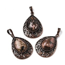 Родонит Подвески-капли из натурального родонита, с винтажной латунной рамкой красного медного оттенка, 34.5x23.5x7.5 мм, отверстие : 8x5 мм