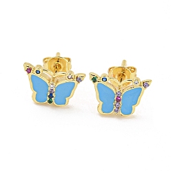 Deep Sky Blue Butterfly Golden Brass Stud Earrings, with Enamel and Cubic Zirconia, Deep Sky Blue, 8x11.5mm