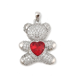 Rouge Micro cuivres ouvrent pendentifs zircone cubique, ours, crémaillère plaquage, plaqué longue durée, sans plomb et sans cadmium, rouge, 26.5x21x6.5mm, Trou: 3.5x2mm