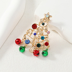 Golden Christmas Tree Alloy Rhinestone Broochs, with Bell Pendants, Golden, 55x37mm