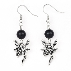Black Alloy Dangle Earrings, with  Electroplate Glass Pearl Beads and Brass Earring Hooks, Black, 49~52mm, Pin: 0.6mm