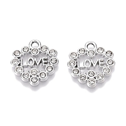 Кристалл Стойки подвески обшивки сплава, со стразами, сердце со словом "love", кристалл, 16.5x16x2 мм, отверстие : 2 мм