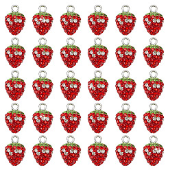 Красный 30 шт. подвески из полимерной глины ручной работы со стразами, клубника, красные, 18x12 мм, отверстие : 2.5 мм